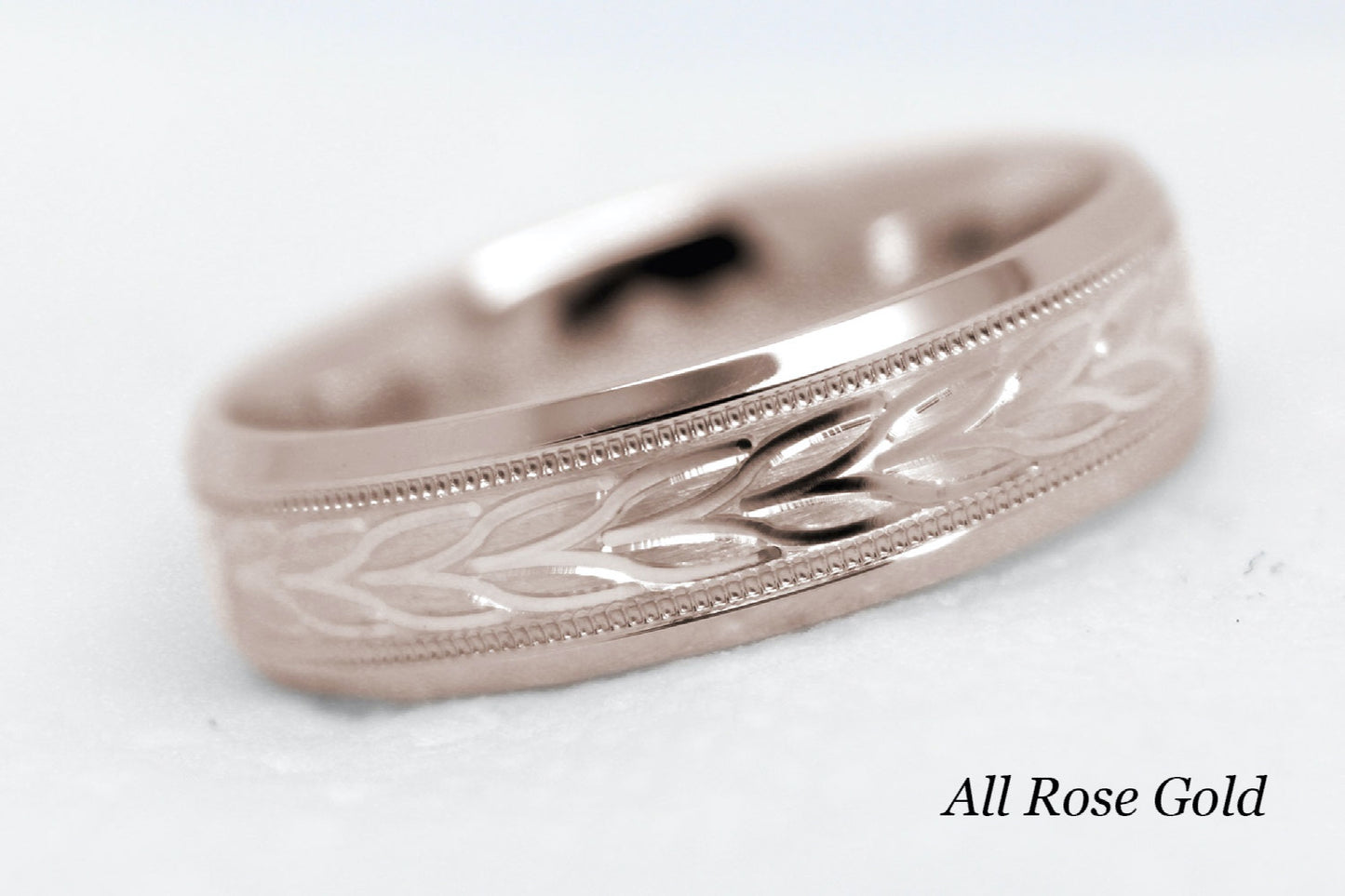 rose gold beveled wedding band for men with beveled and floral brushed design