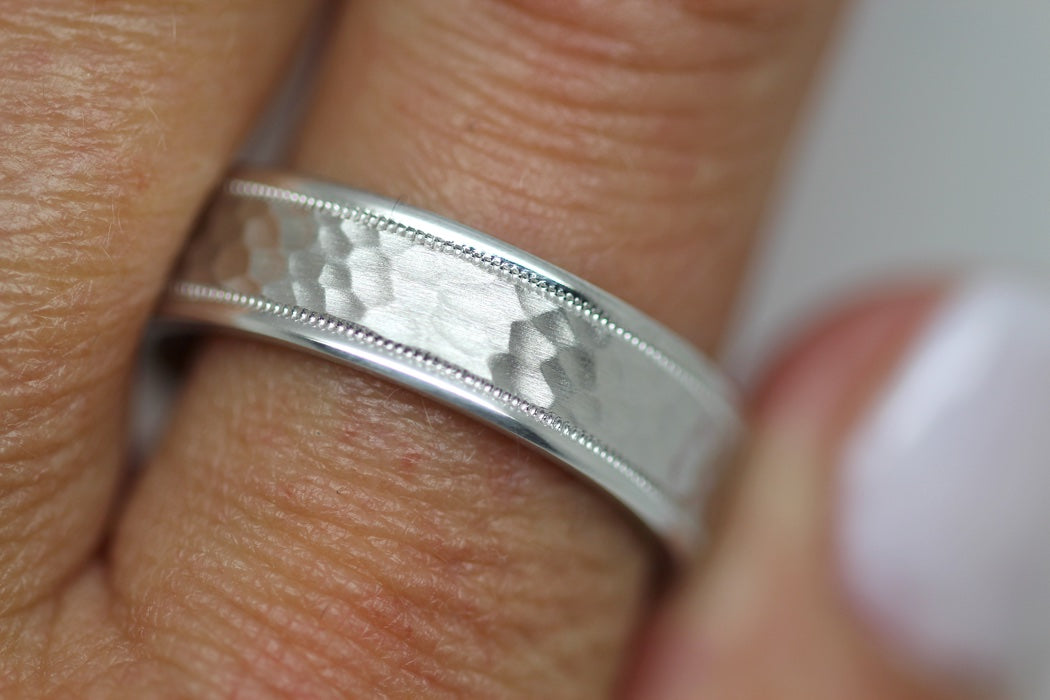 6mm 925 Silver Hammered Wedding Band for Men and Women with Milgrain | 8008