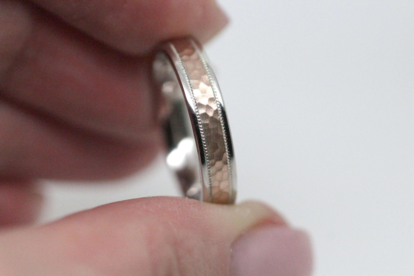 4mm white gold with rose gold hammered wedding ring for men and women