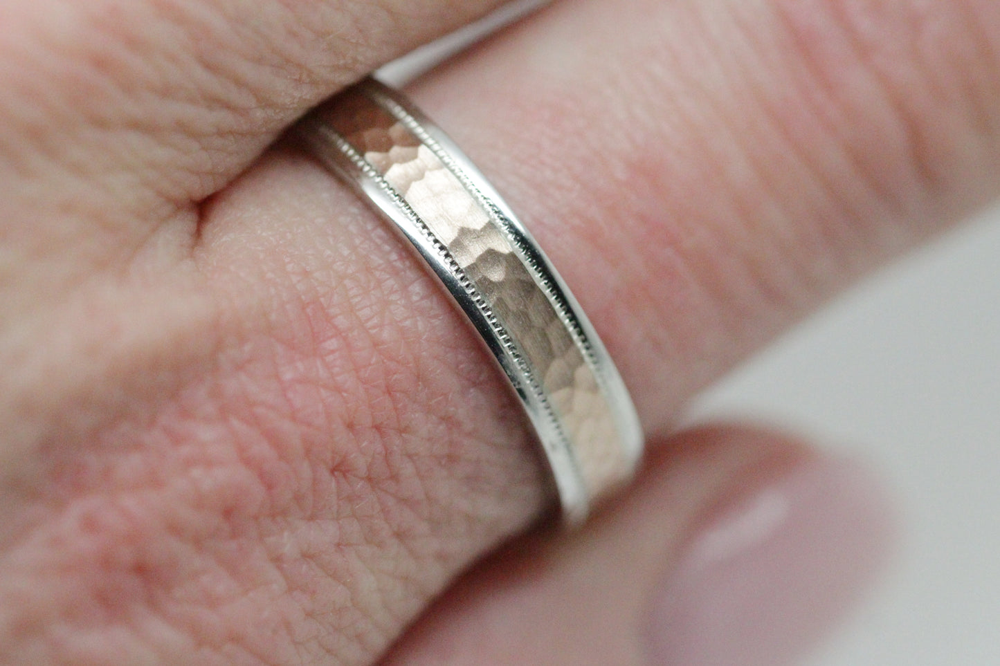 4mm white gold with rose gold hammered wedding ring for men and women