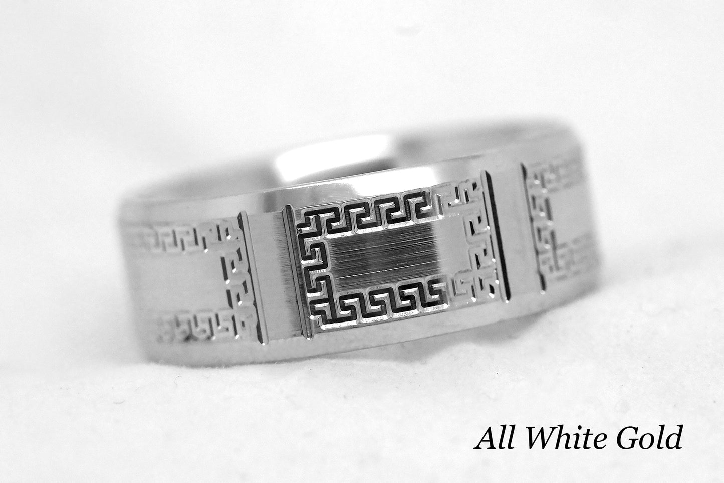 8mm Gold Wedding Band for Men and Women Beveled with Greek Design | AT-8171