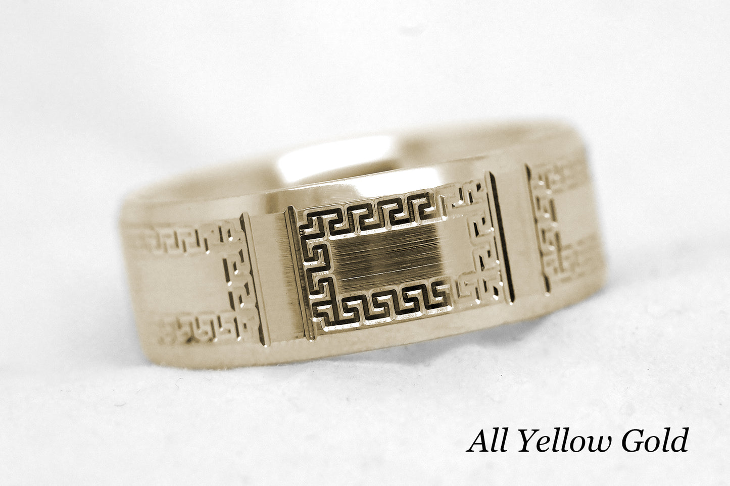 8mm Gold Wedding Band for Men and Women Beveled with Greek Design | AT-8171