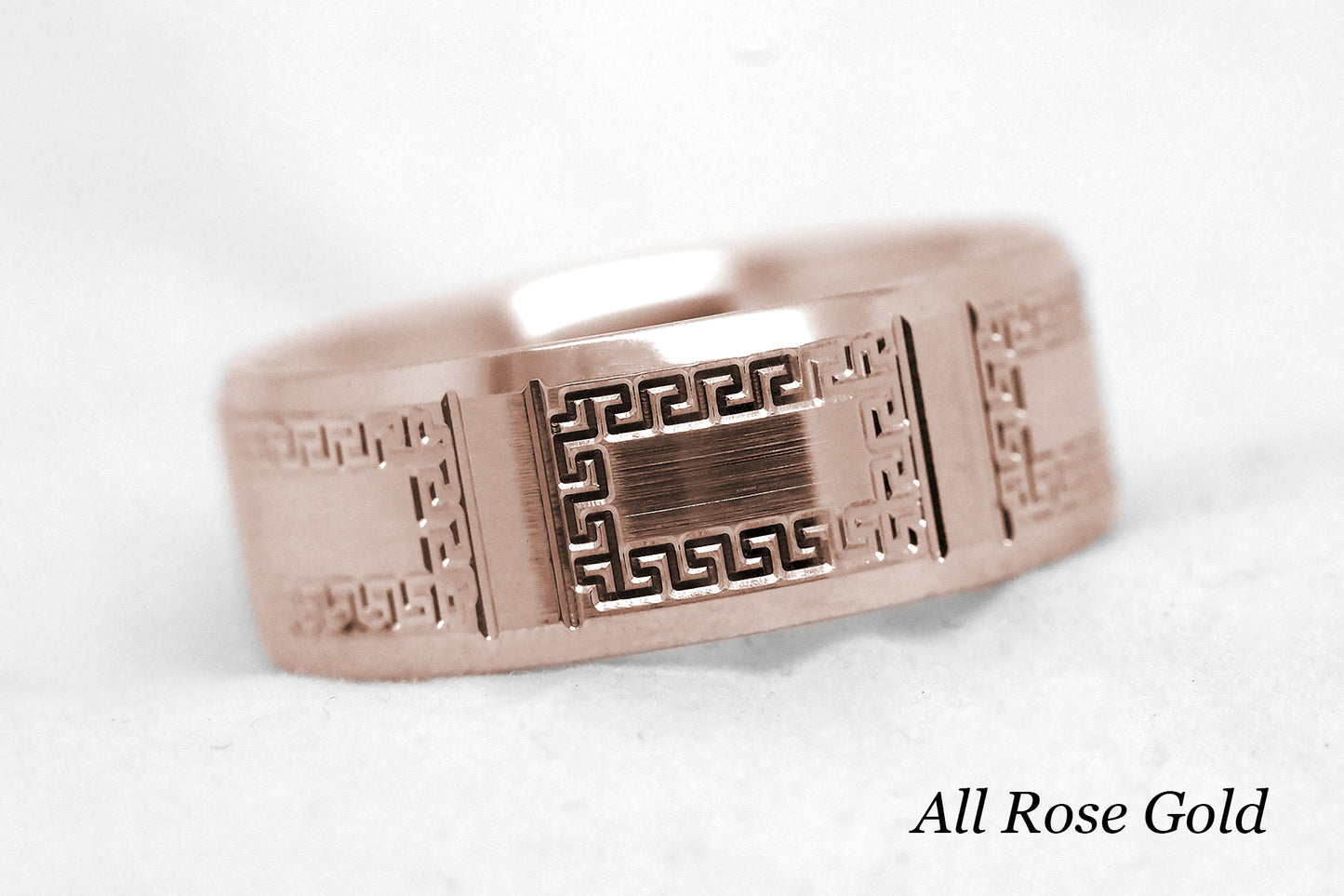 8mm Gold Wedding Band for Men and Women Beveled with Greek Design | AT-8171