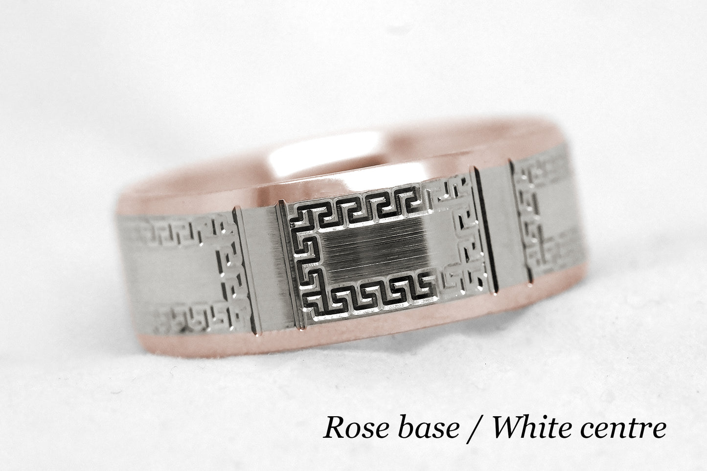 8mm Gold Wedding Band for Men and Women Beveled with Greek Design | AT-8171