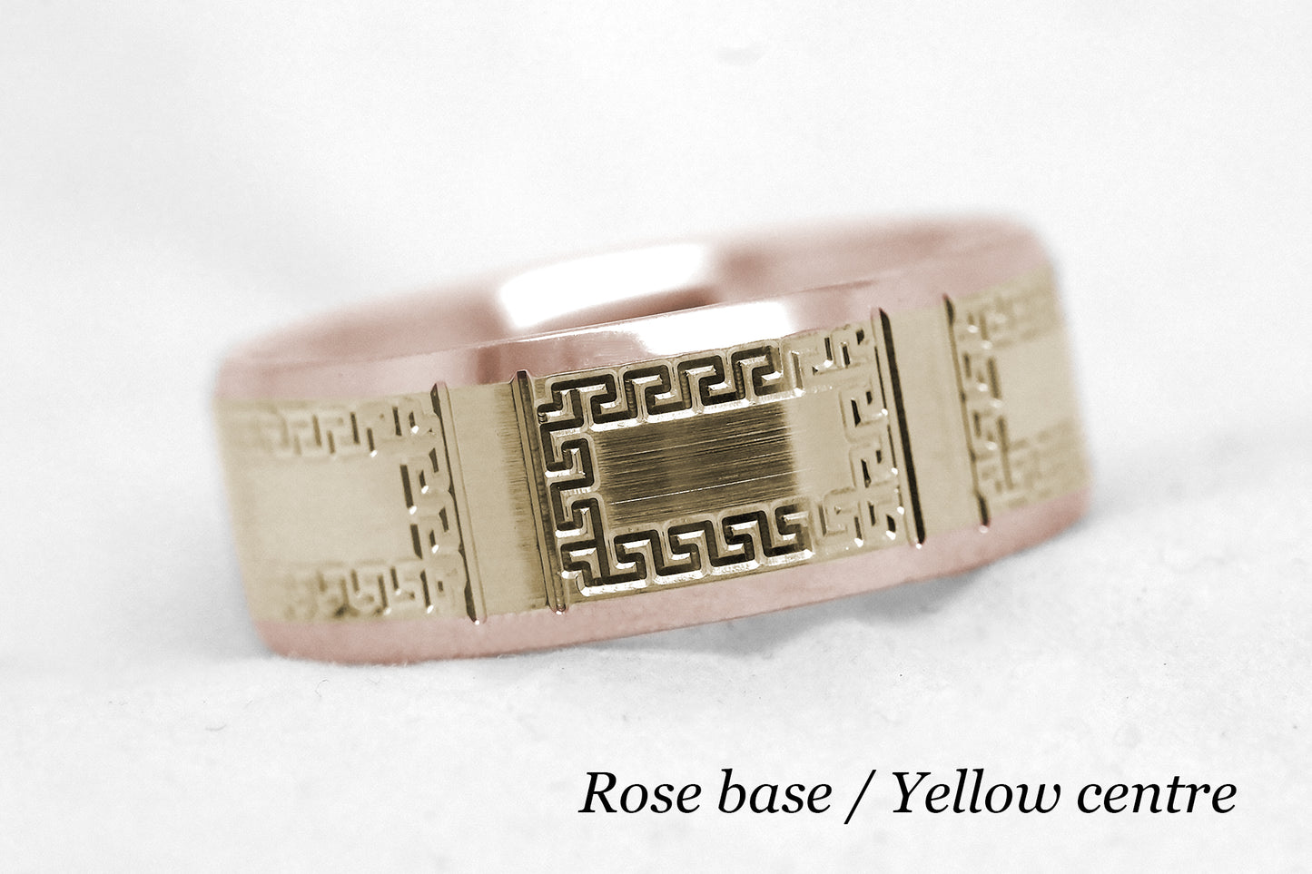 8mm Gold Wedding Band for Men and Women Beveled with Greek Design | AT-8171