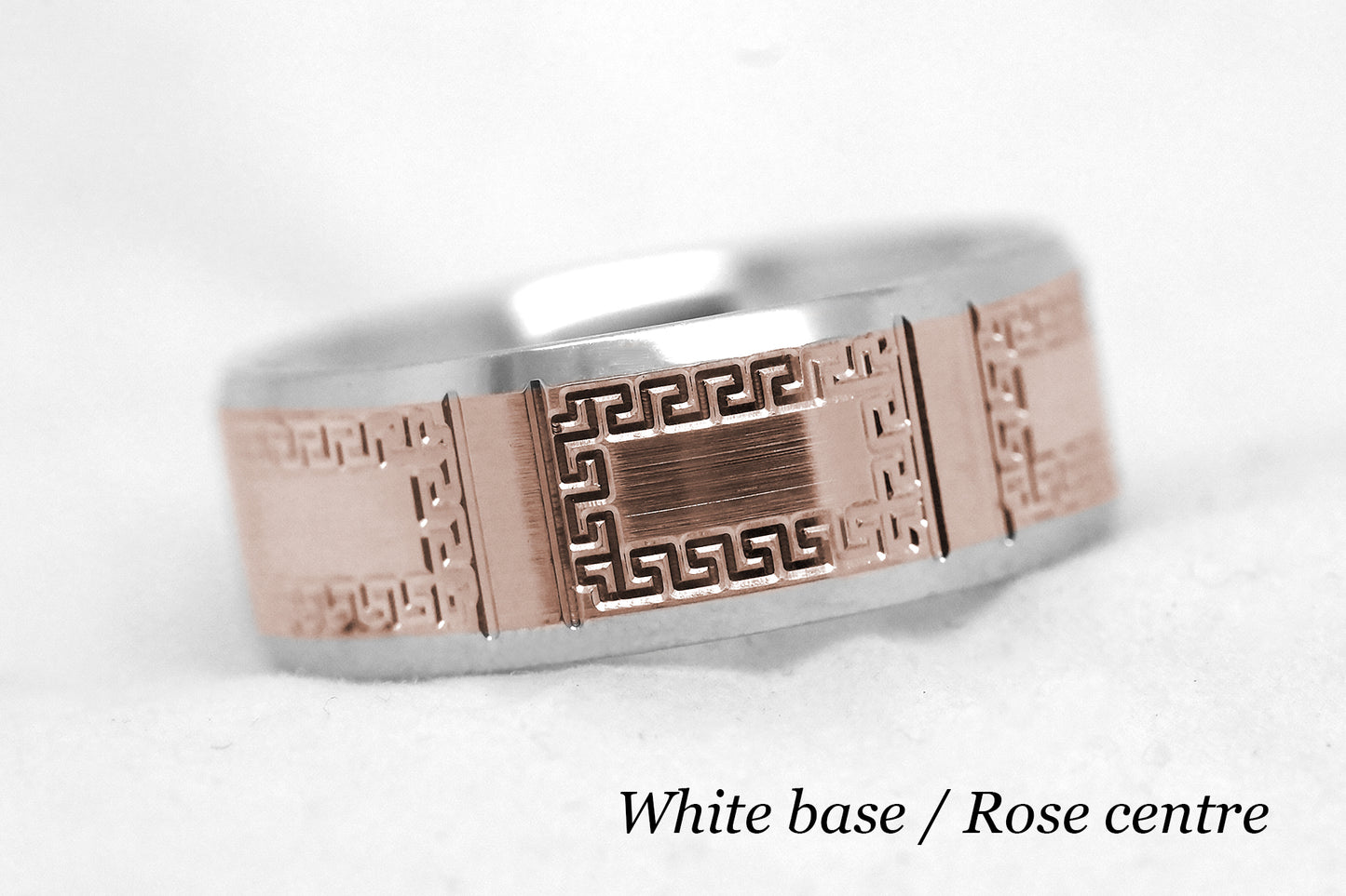 8mm Gold Wedding Band for Men and Women Beveled with Greek Design | AT-8171