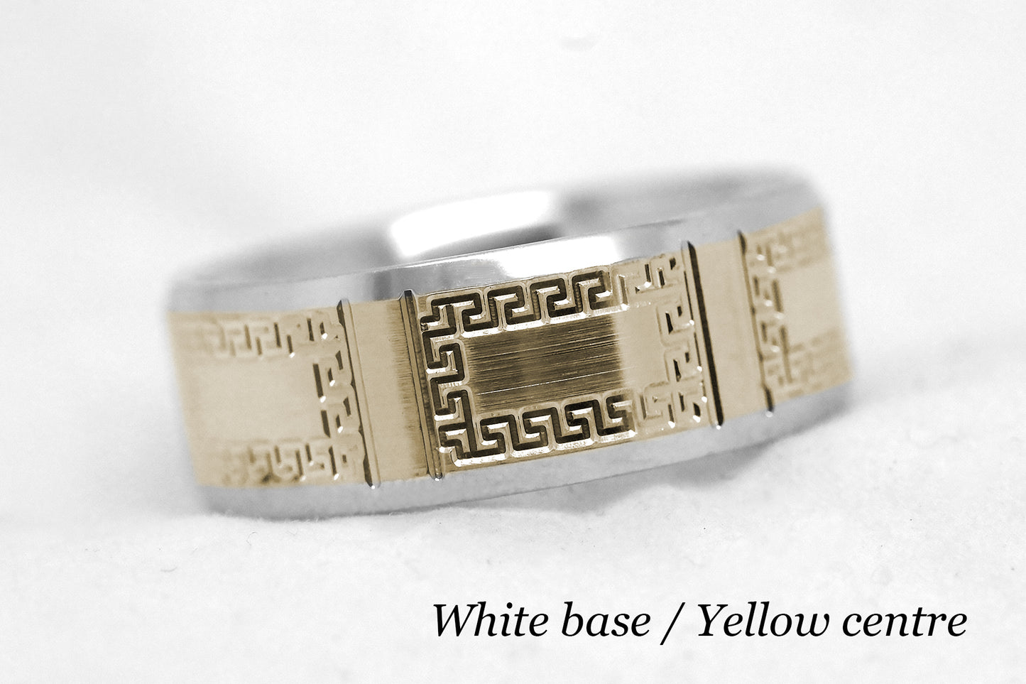 8mm Gold Wedding Band for Men and Women Beveled with Greek Design | AT-8171