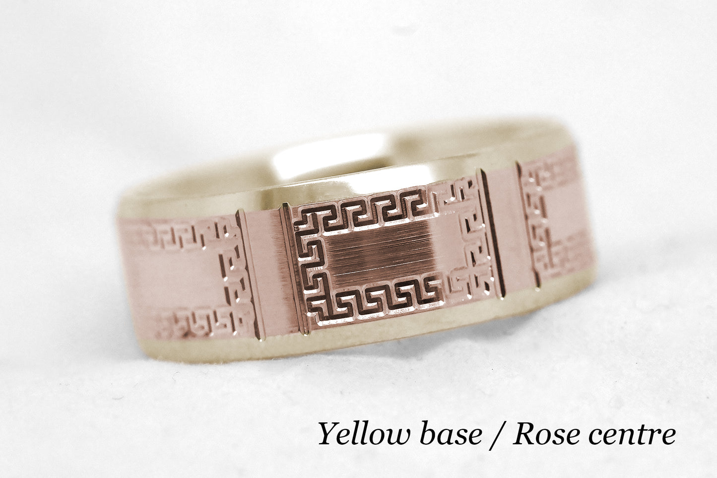 8mm Gold Wedding Band for Men and Women Beveled with Greek Design | AT-8171