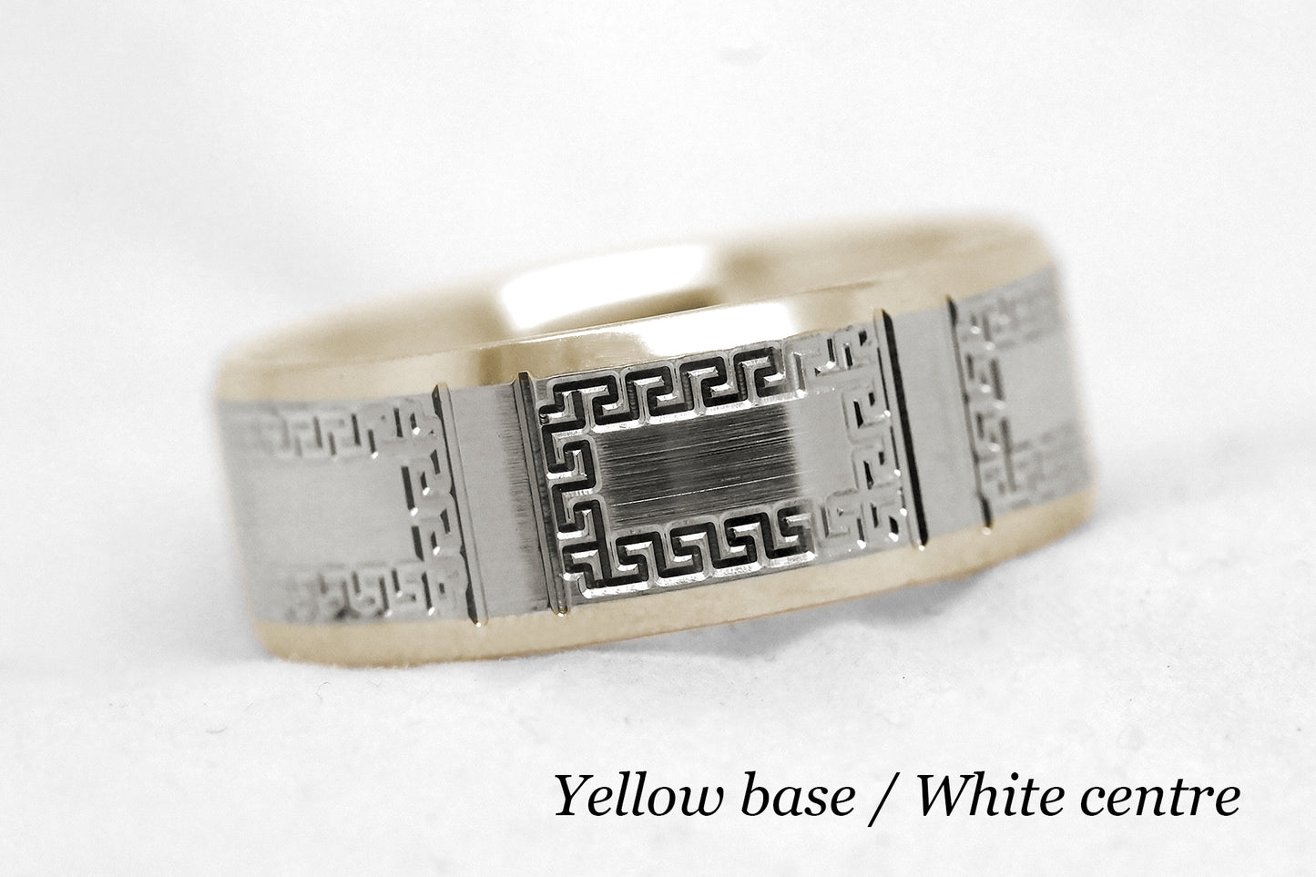 8mm Gold Wedding Band for Men and Women Beveled with Greek Design | AT-8171