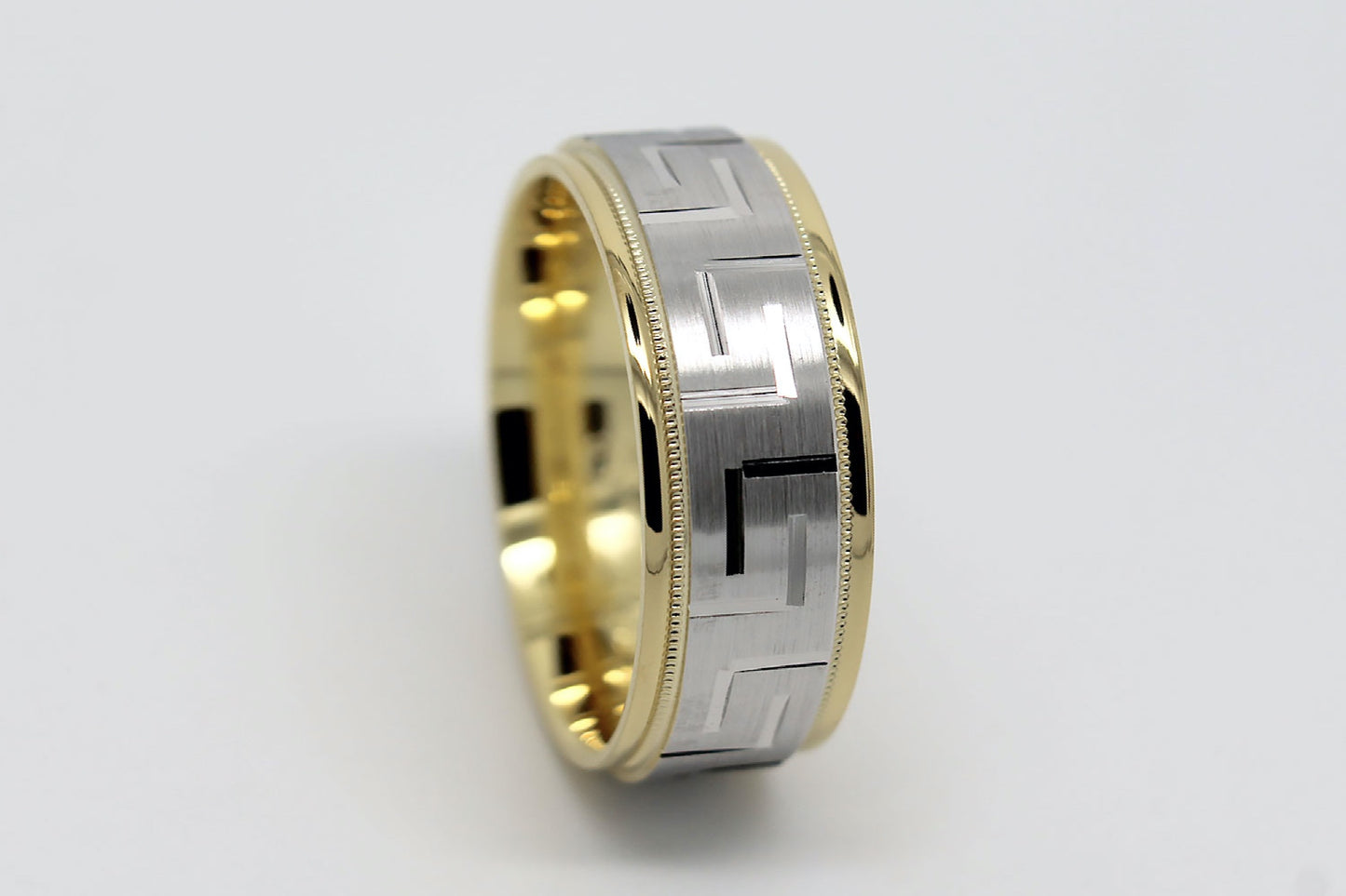 8mm Gold Wedding Band for Men and Women with Greek Design | T-8175