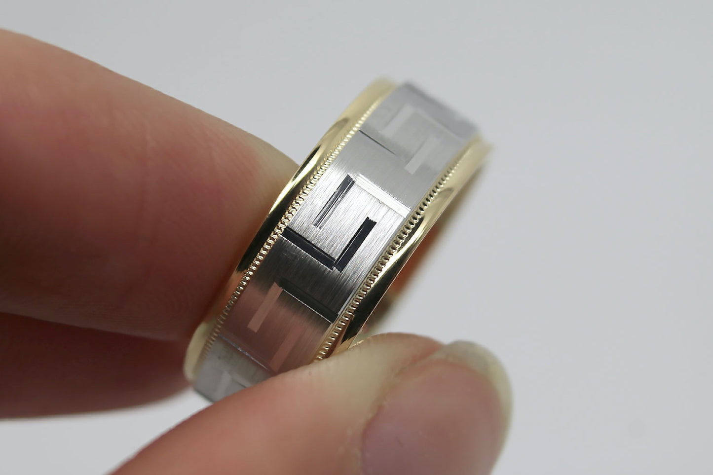 8mm Gold Wedding Band for Men and Women with Greek Design | T-8175