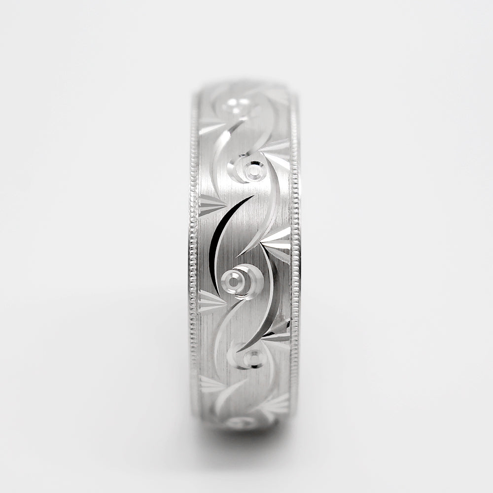 Solid gold infinity filigree wedding band for men and women in white gold