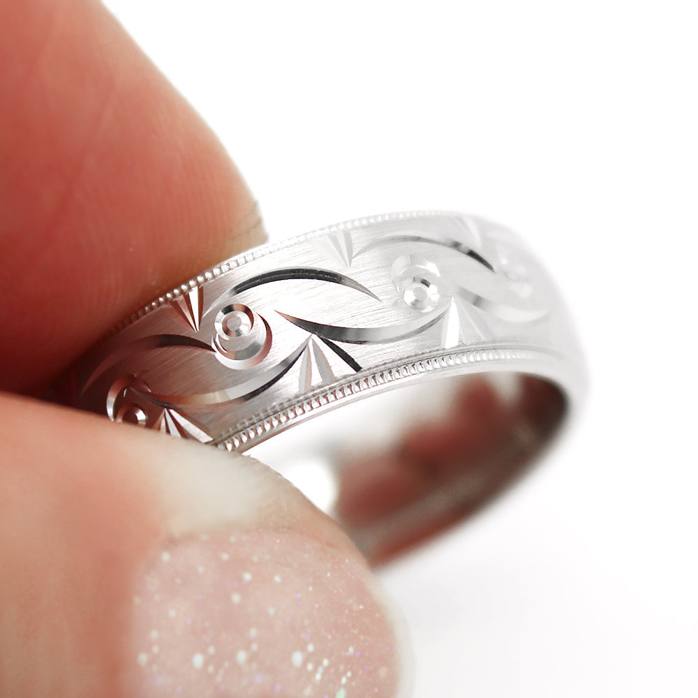 Solid gold infinity filigree wedding band for men and women in white gold