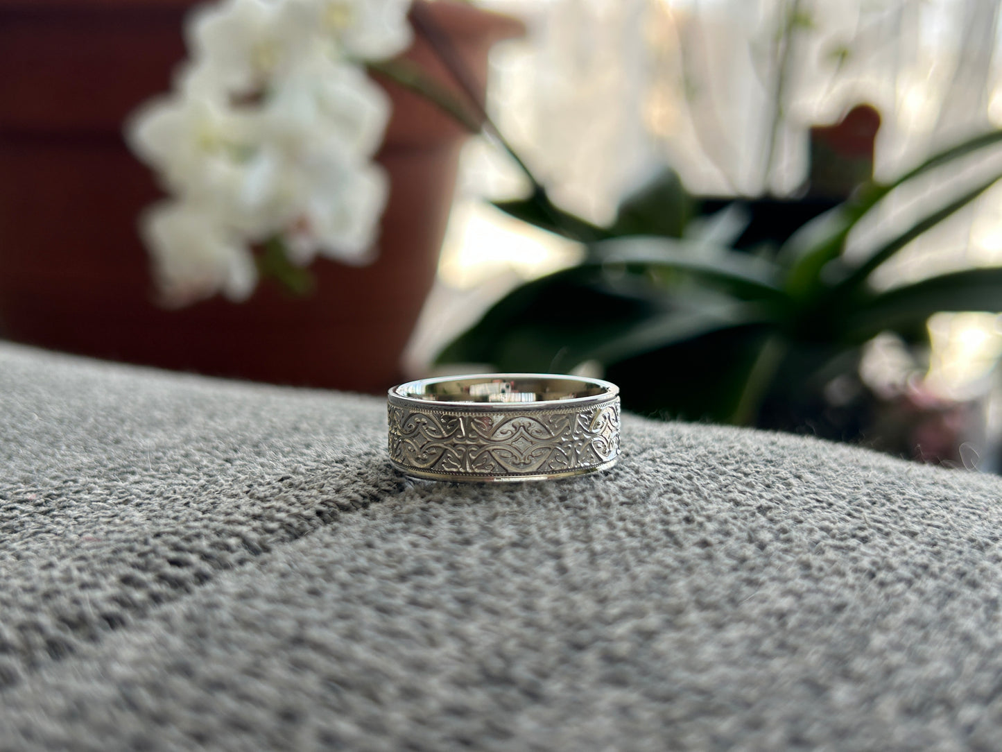 8mm 925 Silver Floral Wedding Band for Men and Women Ornament | AT-8364