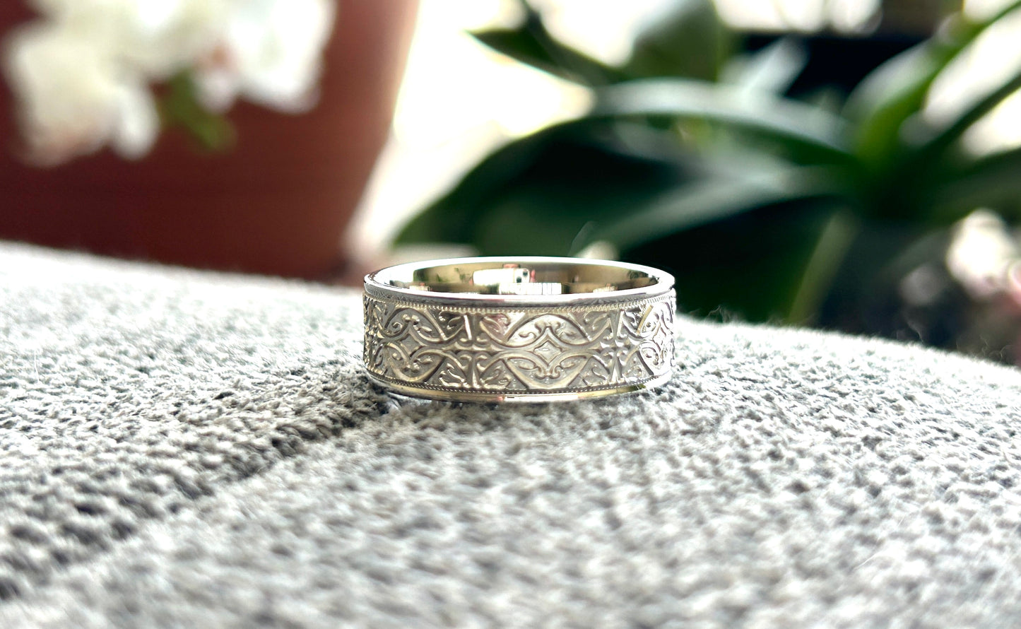 8mm 925 Silver Floral Wedding Band for Men and Women Ornament | AT-8364