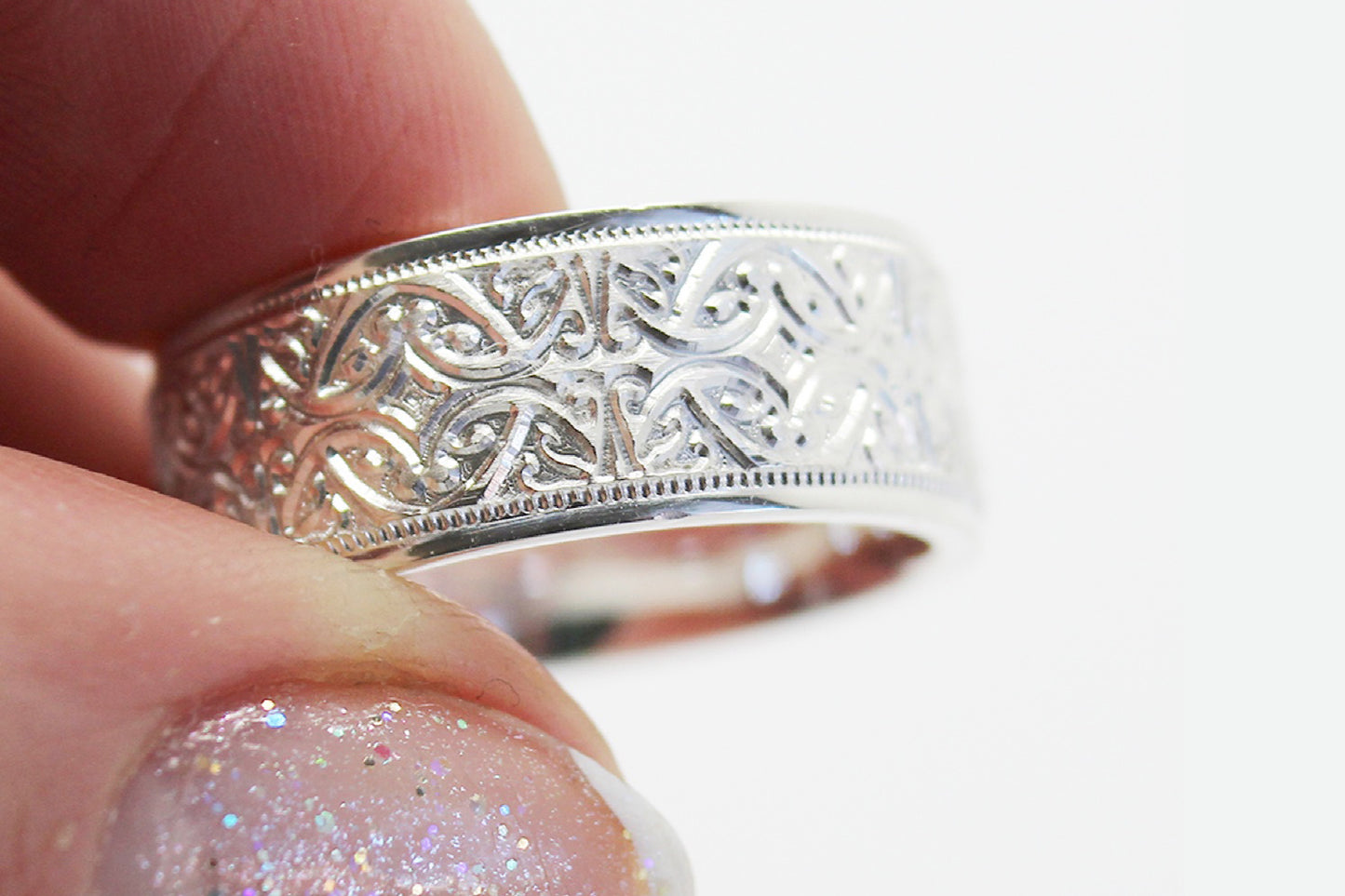 8mm 925 Silver Floral Wedding Band for Men and Women Ornament | AT-8364