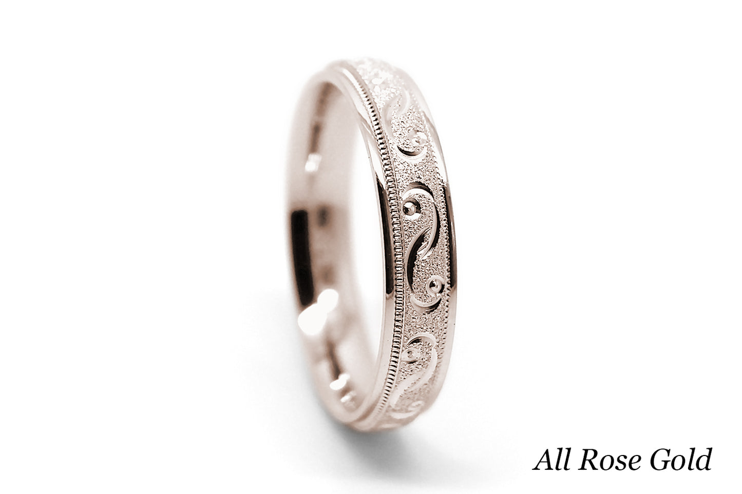 4mm solid gold wedding band for women with sparkly centre and incut moons design, one tone gold ring in rose gold, available in 10k gold, 14k gold 18k gold, made by alexistreasury, alexis treasury, Alexi's Treasury, in Montreal Canada