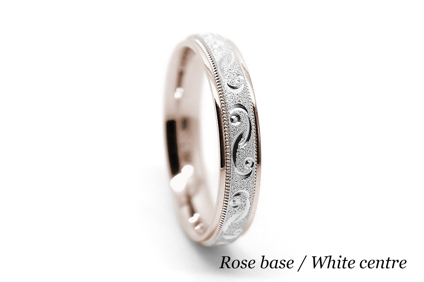 4mm solid gold wedding band for women with sparkly centre and incut moons design, two tone gold ring in rose gold base and white gold centre, available in 10k gold, 14k gold 18k gold, made by alexistreasury, alexis treasury, Alexi's Treasury, in Montreal Canada