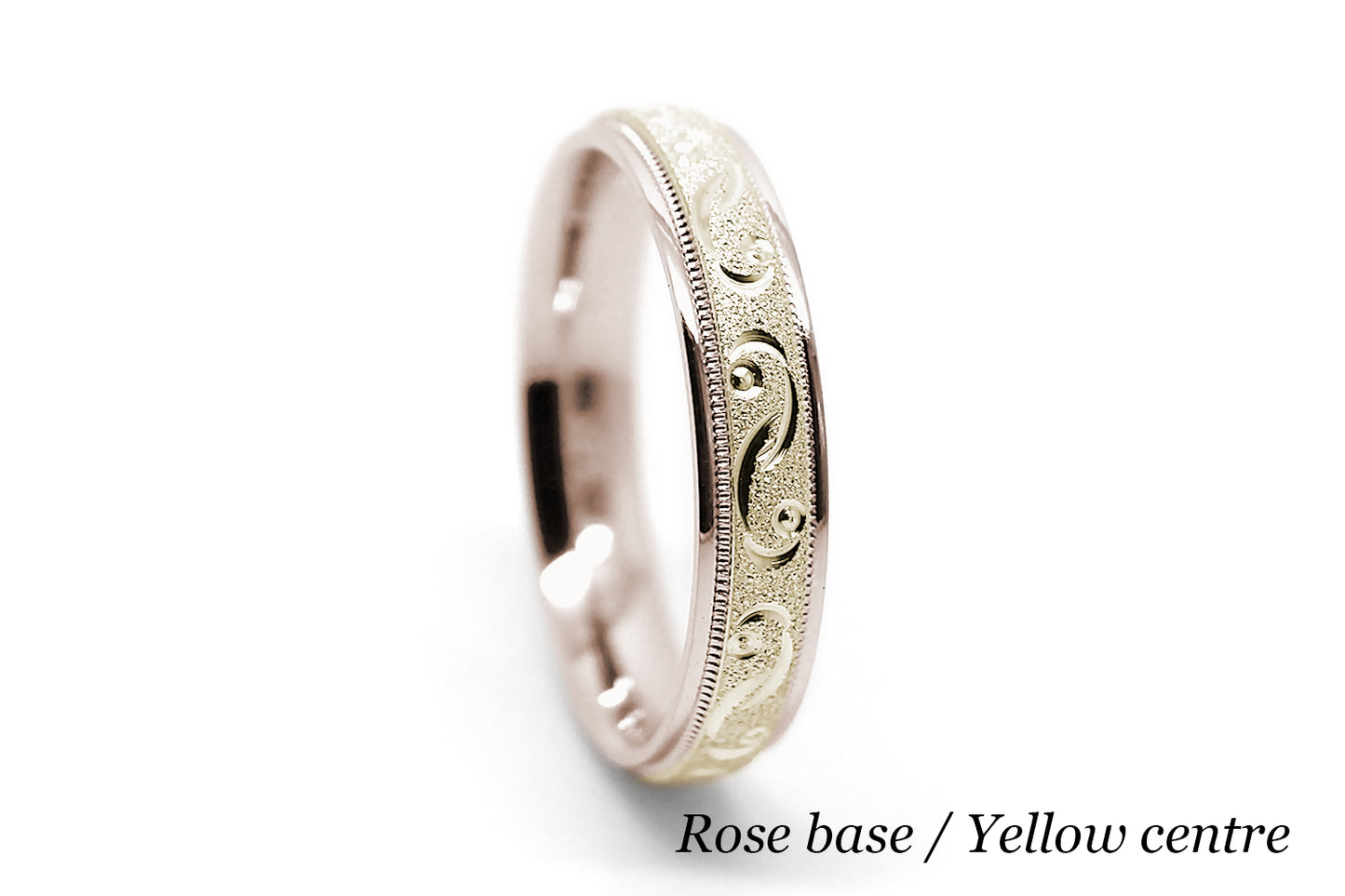 4mm solid gold wedding band for women with sparkly centre and incut moons design, two tone gold ring in rose gold base and yellow gold centre, available in 10k gold, 14k gold 18k gold, made by alexistreasury, alexis treasury, Alexi's Treasury, in Montreal Canada