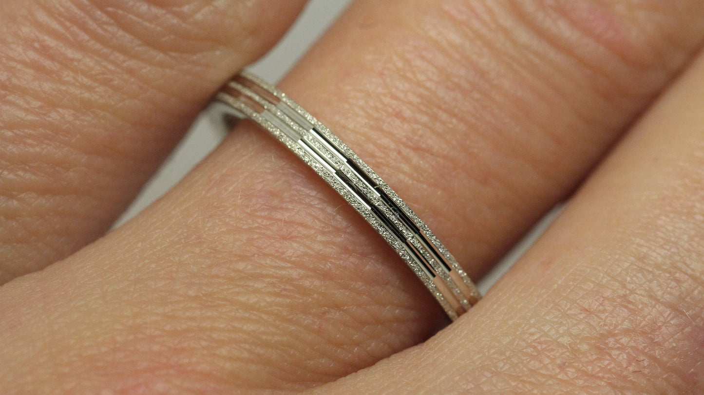 2mm Solid Gold Sparkly Wedding Band for Women with Lines | This stackable wedding ring with sparkly finish is a stunning piece that's designed to last a lifetime. Perfect as wedding band or anniversary ring