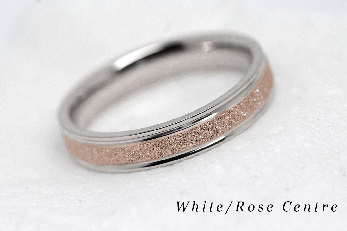 4mm solid gold wedding band for women and men with sparkly Rose gold centre and polished White gold base and edges, available in 10 karat 14 karat or 18 karat gold