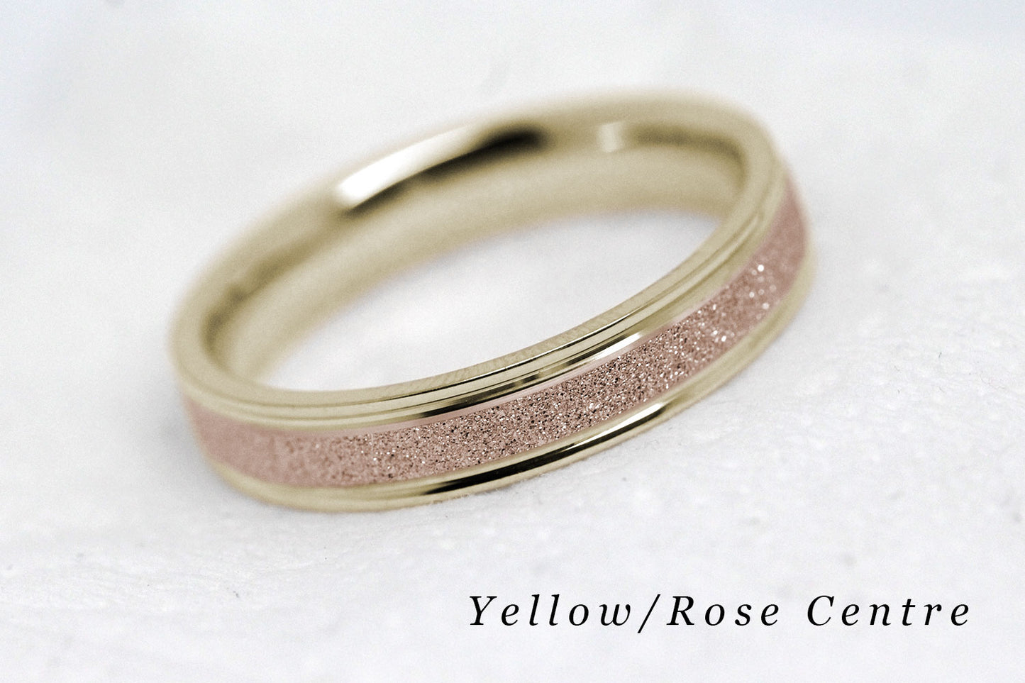 4mm solid gold wedding band for women and men with sparkly rose gold centre and polished yellow gold base and edges, available in 10 karat 14 karat or 18 karat gold