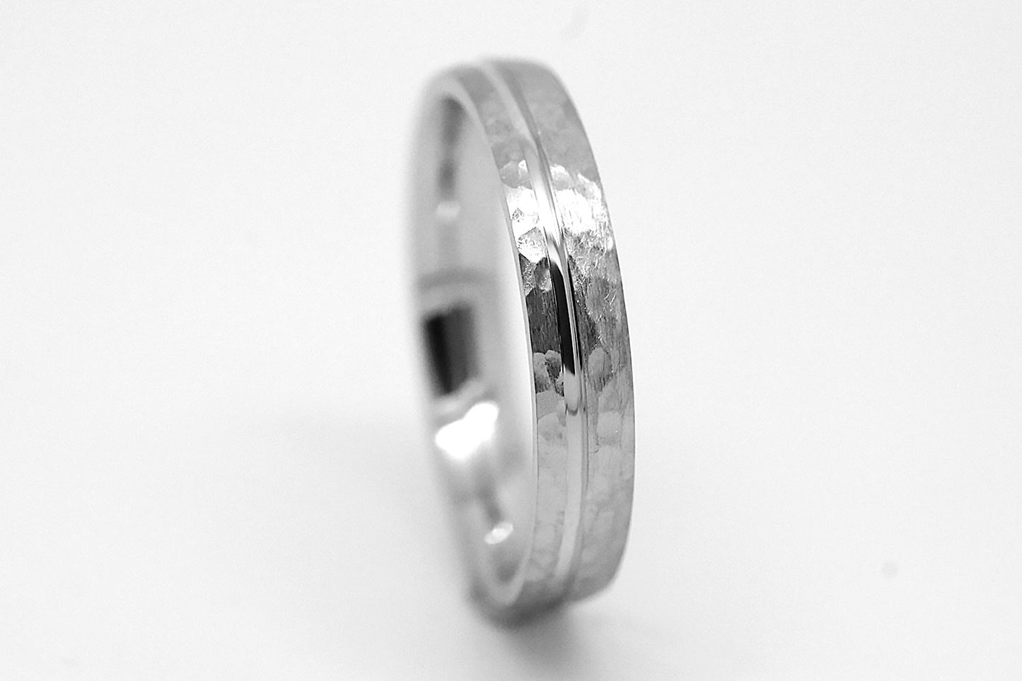 4mm solid 925 sterling silver hammered wedding band with off centre polished line