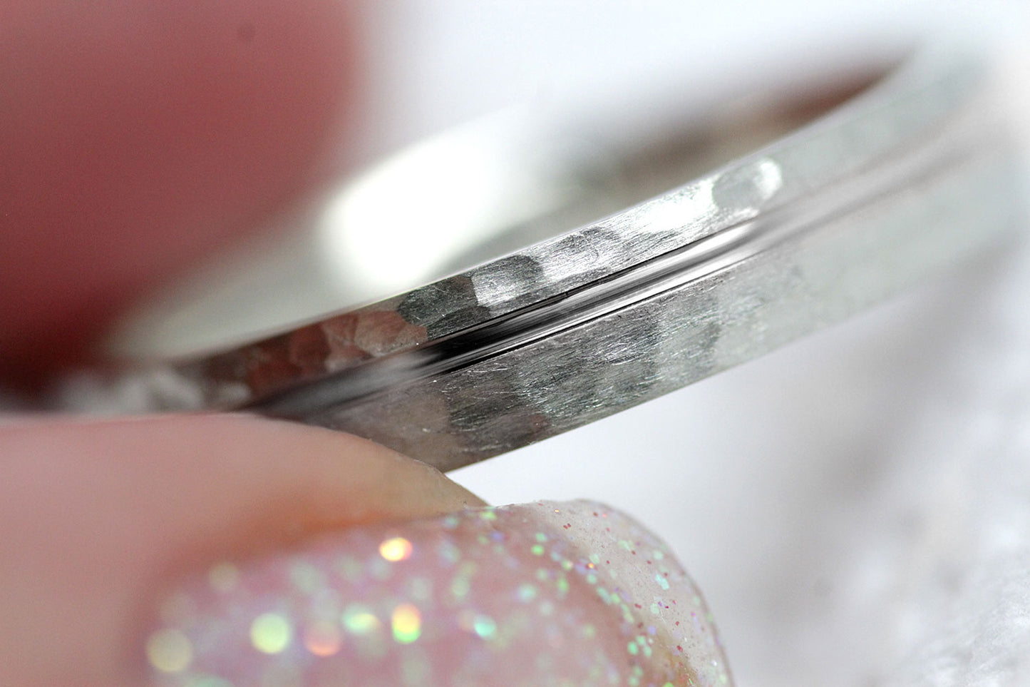 4mm solid 925 sterling silver hammered wedding band with off centre polished line