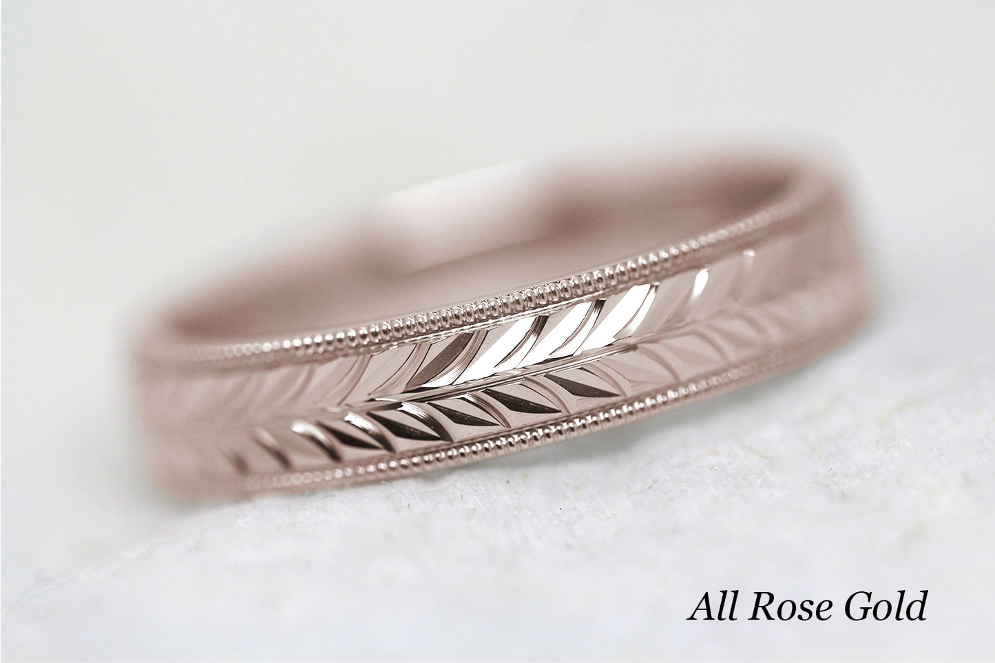 5mm Gold Leafy Floral Design with Milgrain Wedding Band for Men and Women | AT-0032
