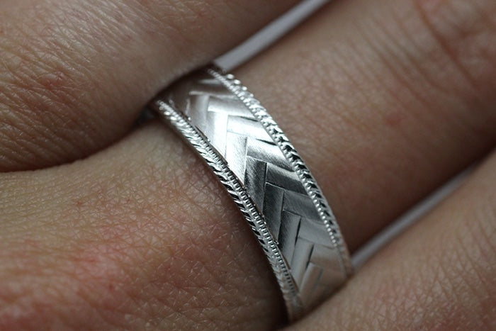 6mm 925 Silver Braided Flat Wedding Band for Men and Women with Milgrain | 6714