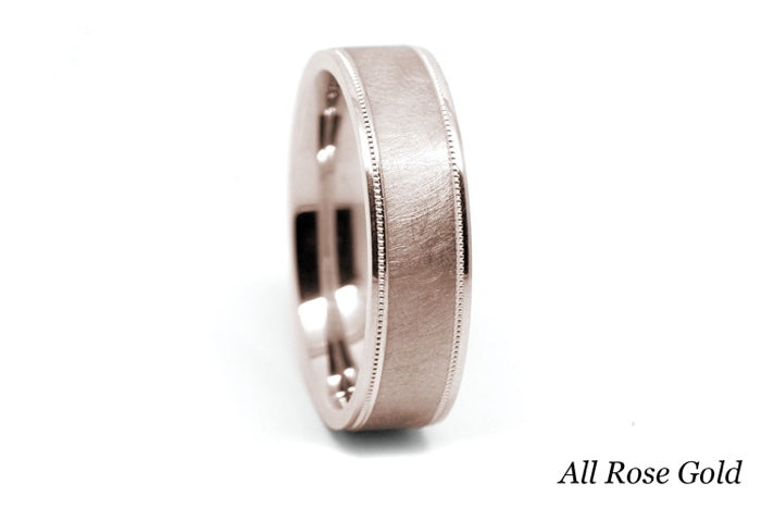 6mm Gold Ice Finish Flat Wedding Band for Men with Milgrain | 6786