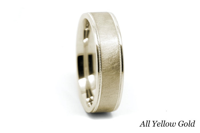 6mm Gold Ice Finish Flat Wedding Band for Men with Milgrain | 6786