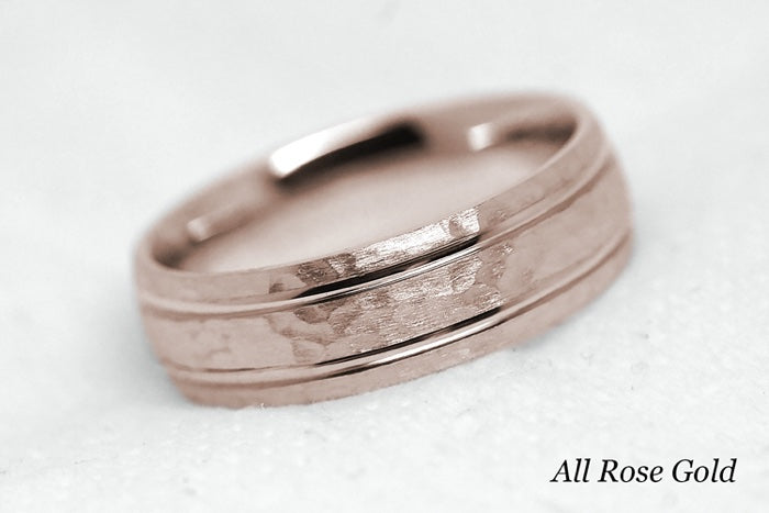 Solid gold hammered wedding ring for men and women with polished lines. Handcrafted in rose gold base and rose gold lines