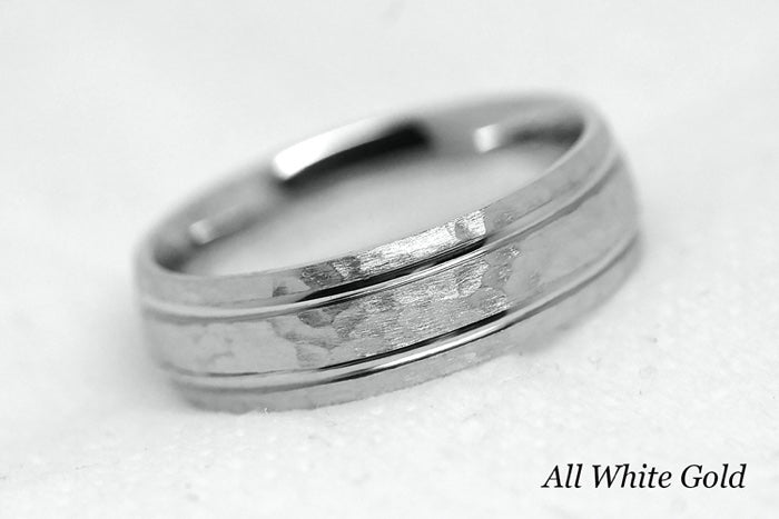 Solid gold hammered wedding ring for men and women with polished lines. Handcrafted in white gold base and white gold lines