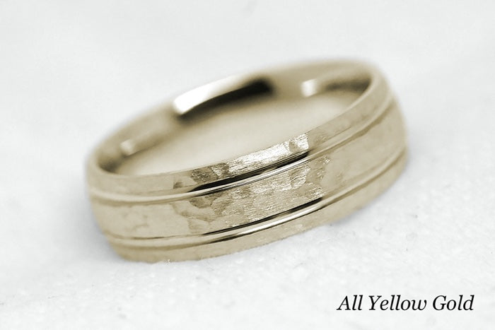 Solid gold hammered wedding ring for men and women with polished lines. Handcrafted in yellow gold base and yellow gold lines