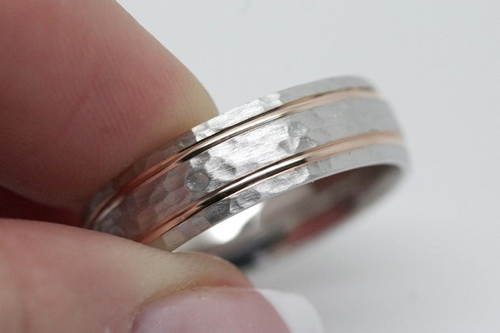 6mm Gold Hammered Wedding Band with polished lines for Men and Women | 8061