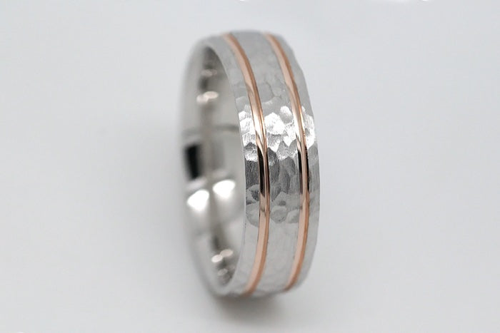 6mm Gold Hammered Wedding Band with polished lines for Men and Women | 8061