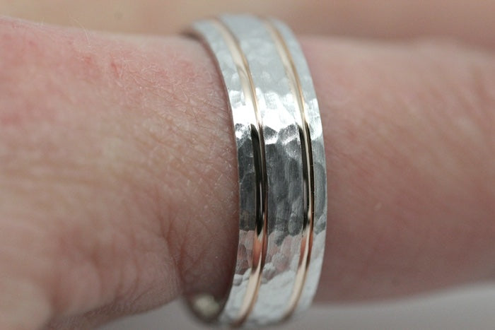 6mm Gold Hammered Wedding Band with polished lines for Men and Women | 8061
