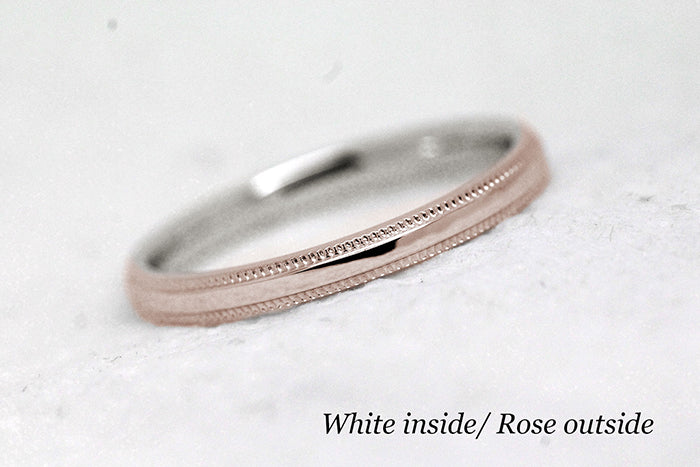 2mm Solid Gold Women's Wedding Ring Simple Milgrain Edge | Elegant and classic 2 mm solid two tone gold ring with milgrain. Crafted with precision last a lifetime. Stack it with other rings or wear it alone.
