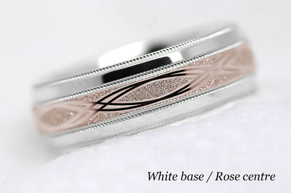 white gold base and rose gold centre infinity ring
