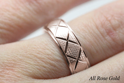6mm Gold Wedding Band for Men and Women Textured X Pattern | AT-0002