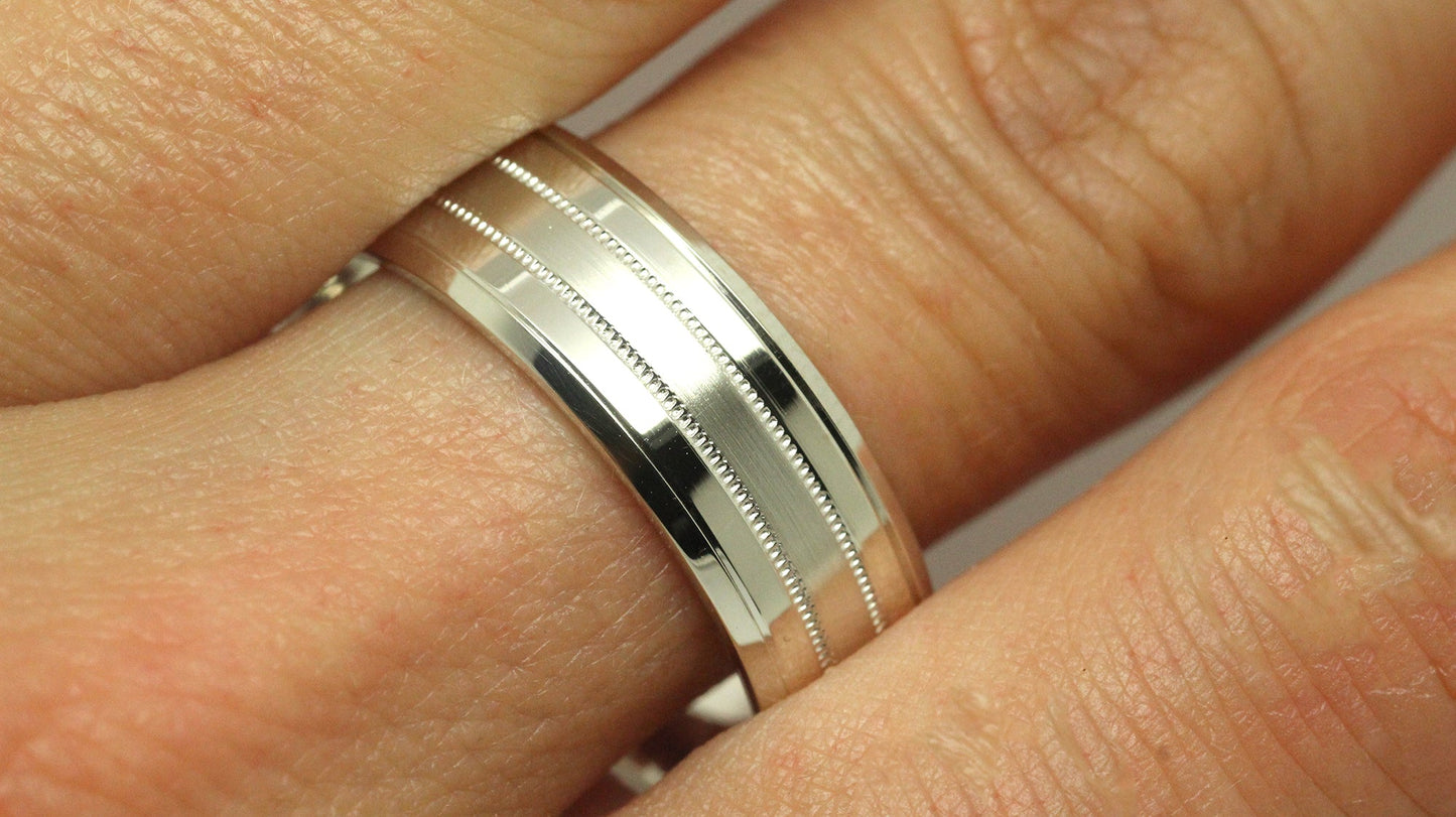 7mm Solid Gold Wedding Band for Men and Women Flat Beveled Brushed | AT-0002