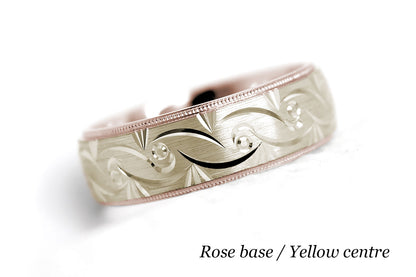 Solid two tone gold wedding band for men and women in rose gold base and yellow gold centre