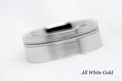 8mm Gold Wedding Band for Men and Women Flat Wide Milgrain | T-0007