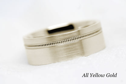 8mm Gold Wedding Band for Men and Women Flat Wide Milgrain | T-0007