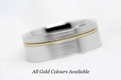 8mm Gold Wedding Band for Men and Women Flat Wide Milgrain | T-0007