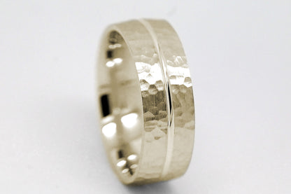 7mm Solid Gold Hammered Wedding Band for Men and Women with Line | AT-0008
