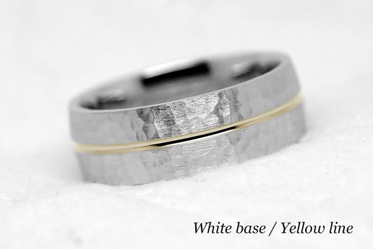 two tone gold hammered wedding band for men and women. Hammered gold wedding ring