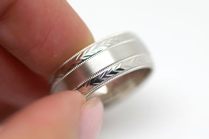 8mm 925 Silver Wedding Band for Men and Women Flat Brushed Filigree Edge | AT-0013