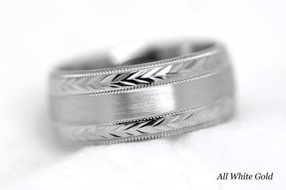 8mm Solid Gold Wedding Band for Men and Women Flat Brushed Filigree Edge | AT-0013